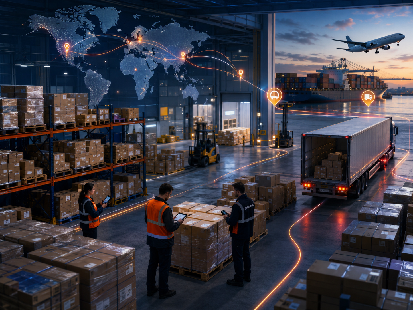 Centro logístico con paquetes listos para transporte internacional